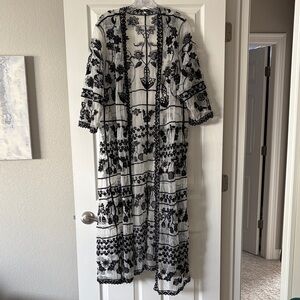 White & Black Embroidered Long Sheer Duster